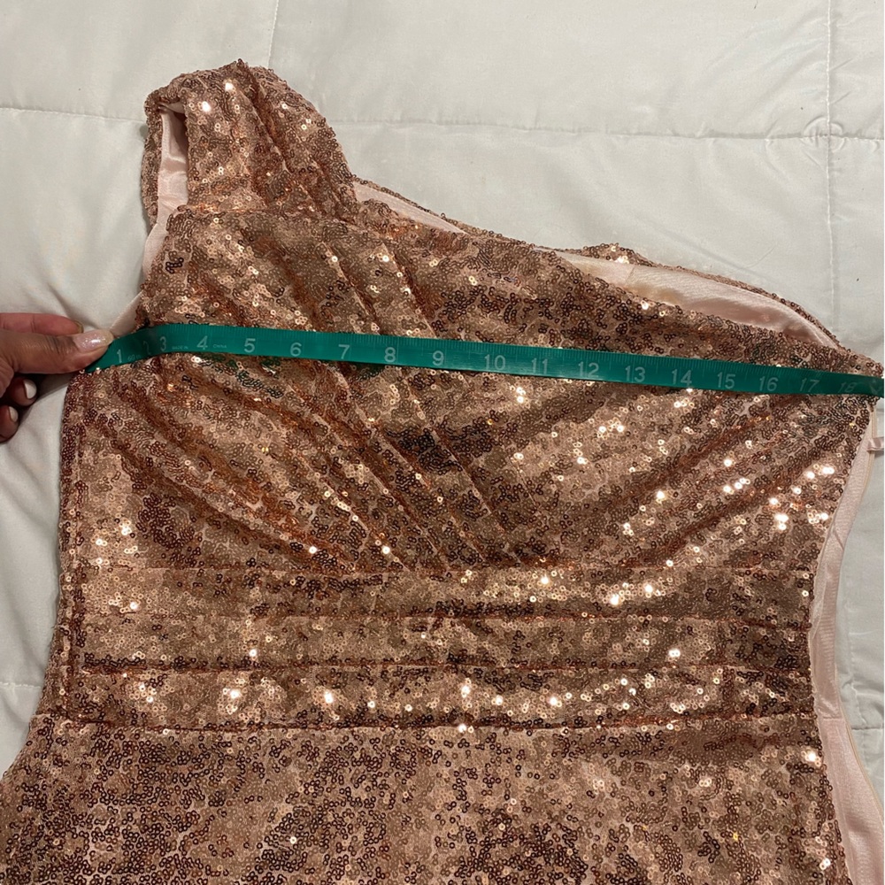 Rose Gold One Shoulder Evening Gown with Broken Zipper - Picture 3 of 7